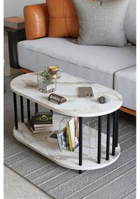Resim Modern Oval Orta Sehpa Çift Katlı Metal Ayaklı Salon, Ofis, Dekoratif Sehpa, Kahve Sehpası Beyaz Mermer 