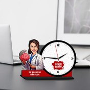 Resim Kadın Nörolog Karikatürlü MDF Masa Saati 