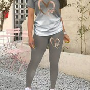 Resim Yeni Bahar ve Yaz Kadın Giyim Gradyan Renk Kalp Kısa Kollu T-Shirt ve Pantolon İki Parça Takım 