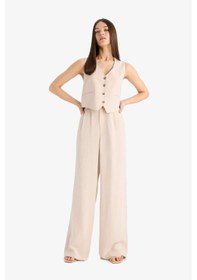 Resim DeFacto Wide Leg Keten Karışımlı Pantolon Normal Bel Geniş Paça Cepli Fermuarlı Standart Boy E6210AX25SPBG286 