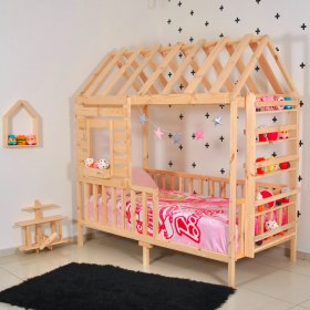 Resim MiniWood Montessori Çocuk Yatak Raf Çam 90X190 Karyola Menekşe 