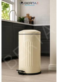 Resim Vintage Krem Çöp Kovası Amortisörlü Kapak Çizgili Lüks Model 16lt Krem 