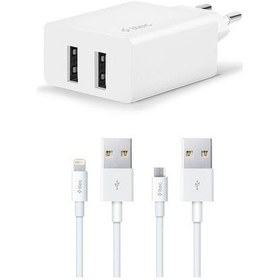 Resim Ttec 2scs21db 2.4a Şarj Usb Başlık Çift Çıkış Apple Uyumlu iPhone +micro Usb Kablo 