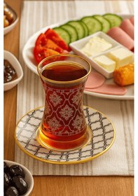 Resim 12 Parça Altın Yaldız Desenli Çay Bardağı Ve Desenli Tabak Seti Çok Renkli 