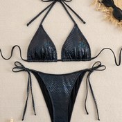 Resim Yılan Desenli Bikini Seti - Kadınlar için Seksi, Esnek Mayo, Siyah ve Mavi Desen, Plaj veya Havuz için Mükemmel 
