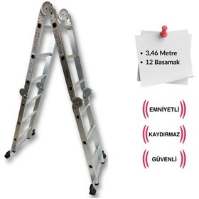 Resim Endokon Platformlu 3,46 Metre - 12 Basamaklı Katlanır Akrobat Merdiven - Büyük Menteşe - Kalın Profi 