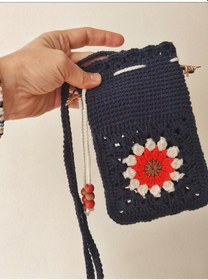 Resim Kemzey Handmade Çiçekli Telefon Çantası, Motifli Tığ İşi Telefonluk, El Yapımı Telefon Kılıfları Kırmızı - Lacivert 