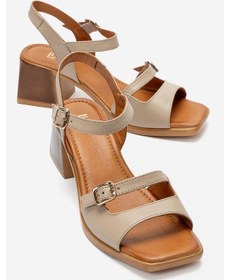 Resim Luvishoes Yolen Bej Cilt Hakiki Deri Kadın Kalın Topuklu Sandalet 