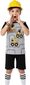 Resim Erkek Çocuk Takım İnşaat Araçları Baskılı T-Shirt Siyah Şort Yazlık Takım 