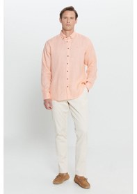 Resim AC&Co / Altınyıldız Classics Erkek Turuncu Comfort Fit Rahat Kesim %100 Keten Düğmeli Yaka Gömlek Turuncu 