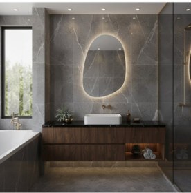 Resim 70x101 Cm Asimetrik Oval Led Banyo Aynası Dokunmatik Dim Edilebilir, 3000k Günışığı Sarı 