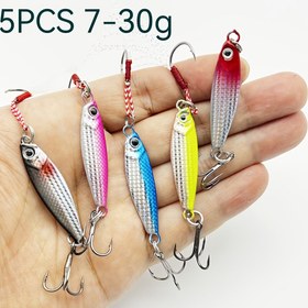 Resim 5 adet 7-30g Tuzlu Su Metal Döküm Kurşun Jigging Jig Balıkçılık Yemleri Yardımcı Kanca ile Orkinos, KIngfish, Bass için 