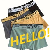 Resim 4'lü rastgele renkli Hello desenli erkek düz paça iç çamaşırı seti - polyester elyaf, nefes alabilen yazlık, hafif ve rahat, tek renk stil, yürüyüş ve açık hava aktiviteleri için uygun 
