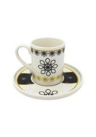 Resim Siyah Gold Çiçek Desenli 6 Kişilik Porselen Kahve Fincan Takımı Siyah Beyaz 