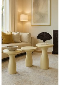 Resim Ahşap Mantar Sehpa 3 Lü Set Krem Renk Doğal Zigon Takımı Beyaz 