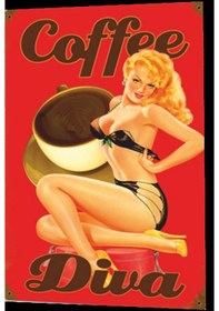 Resim coffee diva pin up kızı retro ahşap poster 