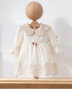 Resim Kız Bebek Yaka Ve Etek Ucu Motif Detaylı Keten Elbise-14127 Bej 