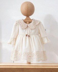 Resim Kız Bebek Yaka Ve Etek Ucu Motif Detaylı Keten Elbise-14127 Bej 