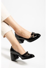 Resim Dilimler Ayakkabı Büyük Beden Kadın Kalın Topuklu Ayakkabı Siyah Rugan Fiyonklu Yuvarlak Burun-4300 Siyah 