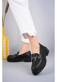 Resim Aymood Kadın Kalın Taban Loafer Makosen Ayakkabı Gc Platin Toka Loafer Topuk Boyu 5cm Pu Deri Siyah 