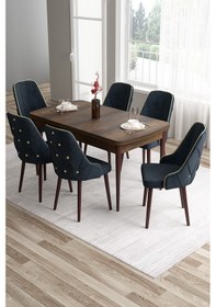 Resim Canisa Tia Serisi 80x132 Açılabilir Mdf Barok Ahşap Desen Gold Detay Mutfak Masası Ve 6 Antrasit Sandalye Masa Barok Ahşap Desen Sandalye Antrasit 