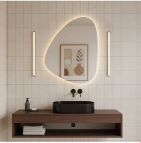 Resim 75x102 Cm Modern Asimetrik Led Banyo Aynası Dokunmatik Sensörlü, Dimmerli, 3000k Günışığı Sarı 
