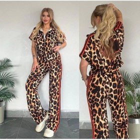 Resim Defymoda Kadın Dalgıç Kumaş Dijital Leopar Baskılı Şerit Detaylı Takım Leopar 