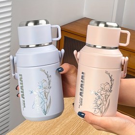 Resim 1 adet Paslanmaz Çelik İzole Su Şişesi, Kapaklı ve Saplı 800ml Büyük Kapasite, Çiçek Desenli, Seyahat, Ofis, Okul, Noel, Cadılar Bayramı, Paskalya için Çok Amaçlı, Güç Gerektirmez 