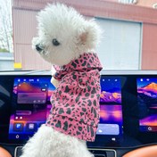 Resim Küçük köpekler ve kediler için rahat ve şık kıyafetler, rahat pembe leopar desenli suni denim ceket ile. 