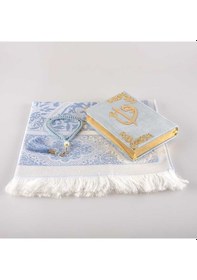 Resim Seccade + Tesbih + Kuran Hediye Seti (Hafız Boy, Kadife, Açık Mav 