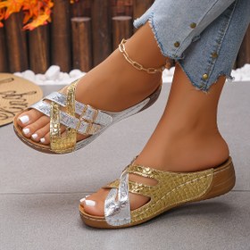 Resim Yaz Yeni Geliş Avrupa ve Amerikan Terlikler Kadınlar Renk Blok Sandaletler Altın Gümüş Plaj Ayakkabıları Büyük Beden Moda Günlük Kullanım Kalın Taban Kaymaz 4243 