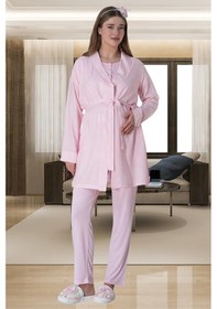 Resim Mecit Pijama Mecit 6001 Pembe Çizgili Sabahlıklı Lohusa Pijama Takımı 