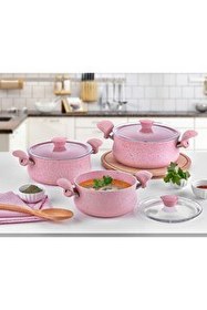 Resim OMS 3027 6 Parça Biogranit Ergonomik Güveç Seti Pembe Gövde - Pembe Detay 
