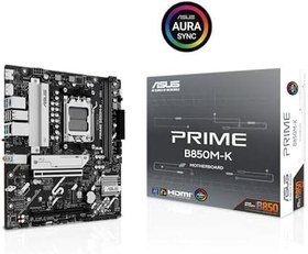 Resim ASUS PRIME B850M-K AMD B850 AM5 DDR5 8200 DP HDMI Çift M2 USB3.2 AURA RGB 2.5Gbit LAN mATX 8+2+1 Güç Aşamaları, 1xGen5 M.2, Advanced AI PC-Ready 