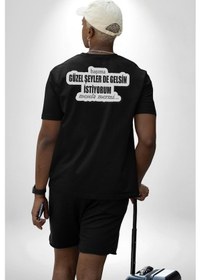 Resim Başıma Güzel Şeylerde Gelsin İstiyorum Mesela Mermi Yazılı Pamuklu Unisex Oversize Sırt Dijital Baskılı Siyah T-shirt Siyah 