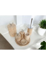 Resim Sarı Traverten Klasik Model 7 Parça Gümüş Renk Geyik Aksesuarlı Banyo Seti Sarı Traverten 