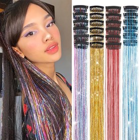 Resim Gökkuşağı Saç Fildişi Paketi, 6 Adet Klipsli 60.96 cm Renkli Simli Saç Uzatma Seti, Kadınlar ve Kızlar için Parti Parıltılı Peri Saçı Aksesuarları 