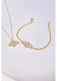 Resim Papatya Silver 925 Ayar Gümüş Gold Kaplama Zirkon Taşlı Fil Kolye ve Bileklik Set 