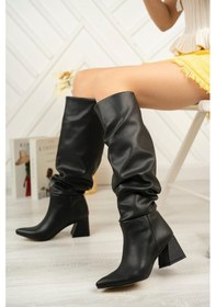 Resim Syt-2002 Siyah Körüklü Kalın Topuklu Günlük Bayan Çizme Sarı - Siyah 