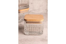 Resim 4’lü Kare Ahşap Kapaklı Cam Kahvaltılık ve Çerezlik, 230 Ml, Şık ve Çok Amaçlı Kullanım 