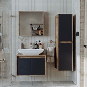 Resim Banos Banyo Roomart tm7.3 Lavabolu Ahşap-Antrasit Mdf 65 cm Banyo Dolabı+Aynalı Banyo Üst Dolap+Banyo Boy Dolabı 