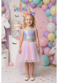 Resim Butikhappykids Kız Çocuk Unicorn Temalı Payetli Crop Kuyruklu Tütü Etek İkili Takım 3-7 Yaş Pembe 