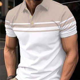 Resim Erkekler için Hafif Nefes Alabilir Golf Gömleği - Yazlık Rahat Çizgili Baskı, Kısa Kollu, Düğmeli Yaka, Spor ve Boş Zaman Giyim için Polyester Kumaş 