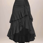 Resim Plus Beden Gotik Yan Dantel Detaylı Katmanlı Midi Etek - %100 Polyester Makinede Yıkanabilir Şık Siyah Kadın Eteği, Tüm Mevsimler İçin Çok Amaçlı 