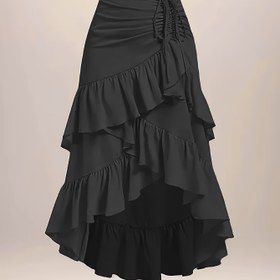 Resim Plus Beden Gotik Yan Dantel Detaylı Katmanlı Midi Etek - %100 Polyester Makinede Yıkanabilir Şık Siyah Kadın Eteği, Tüm Mevsimler İçin Çok Amaçlı 