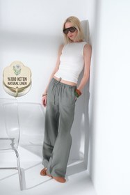 Resim %100 Keten Bağcıklı Rahat Kalıp Dokuma Kadın Pantolon @Varuna - Bej / XS 