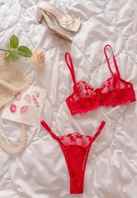 Resim Vday Gül Dantelli Balenli Balkonet Sütyen Takımı Kırmızı - Kırmızı / 85A / Standart 