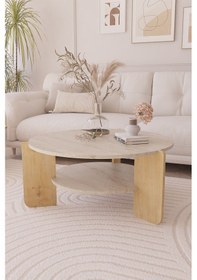 Resim İskandinav Orta Sehpa 90 Cm, Bohem - Traverten & Safir Meşe 