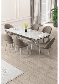 Resim Canisa Weps Serisi 89x150 Açılabilir Lak Panel Rampla Gri Krom Ayak Masa Takımı Ve 6 Cappucino Sandalye Rampla Gri Masa Cappucino Sandalye Krom Ayak 