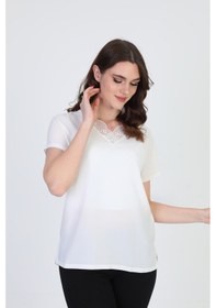Resim Ella Camelia Kadın Yakası Dantel Detaylı Bluz 20E020 Ekru 